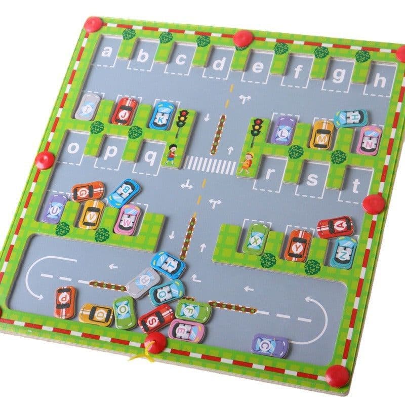 image-Magnetic Letter Matching Parking Maze Game - Wood