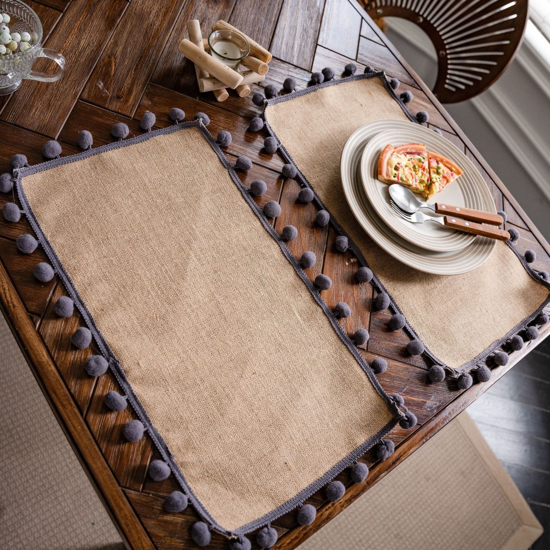 image-Yimanqiyun hemp rope placemat red tassel tableware mat woven color matching festival tassel bowl mat factory direct supply