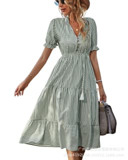 image-European & American Summer Stripe Dress - Khaki V-Neck XL