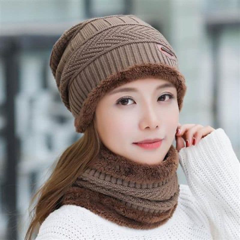 image-Women's Winter Knit Hat with Neck Warmer - Black Acrylic