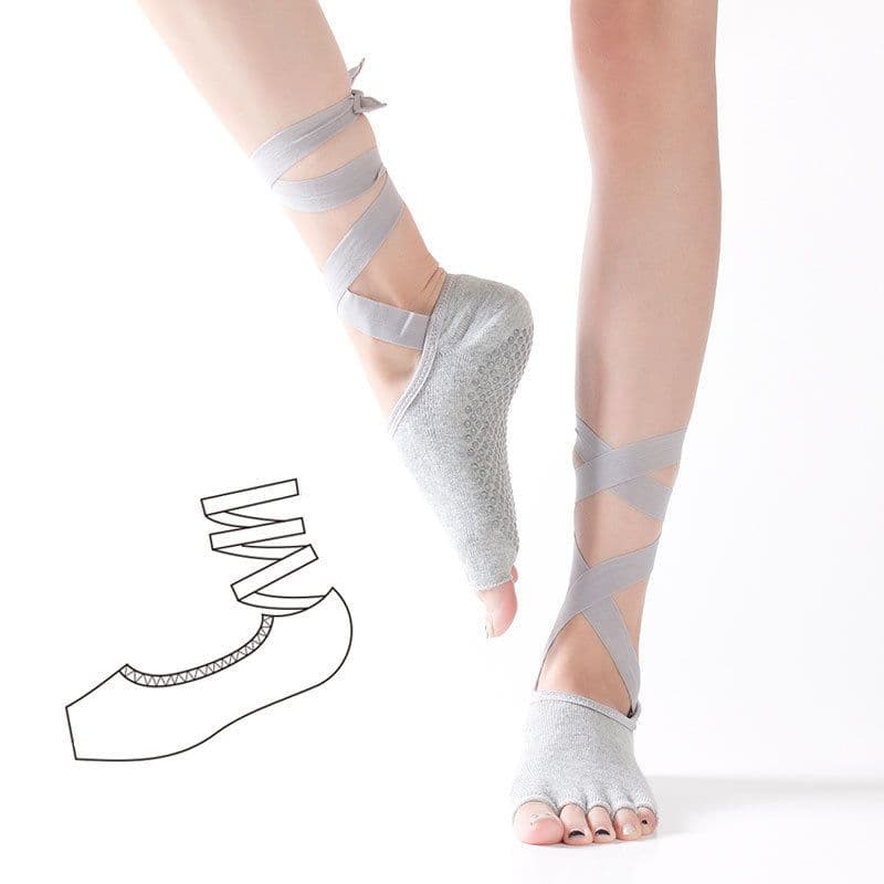 image-Lace-up Five-Finger Yoga Socks - Black Cotton
