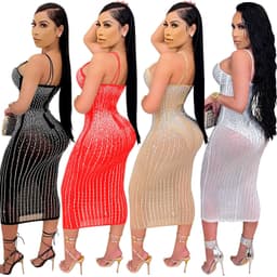 image-Women's Mesh Dress - Diamond Embellished U-Neck Midi