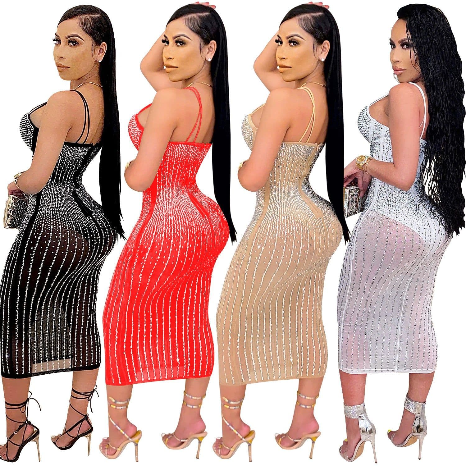 image-Women's Mesh Dress - Diamond Embellished U-Neck Midi
