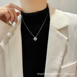 image-v gold 925 silver Fanjia four-leaf clover necklace high version women's thick plated 18k single flower pendant natural fritillary chalcedony