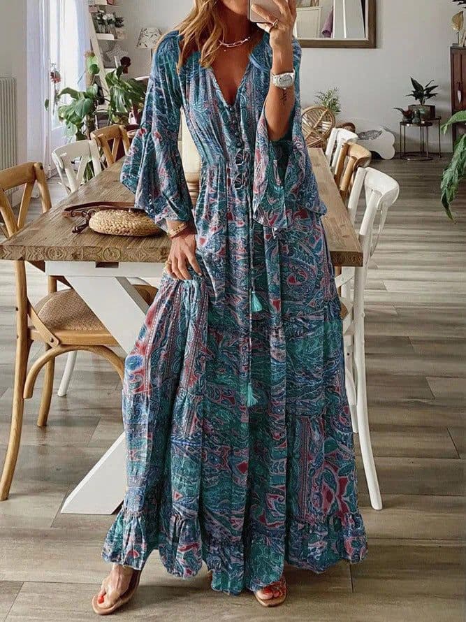 image-Bohemian V-Neck Trumpet Sleeve Holiday Dress Floral Long Skirt - 2023