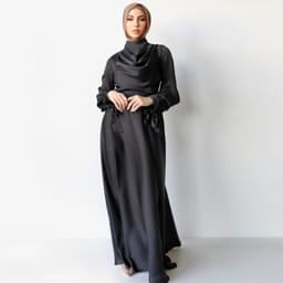 image-Muslim Abaya Dress - Long Sleeve High Waist A-Line Off White