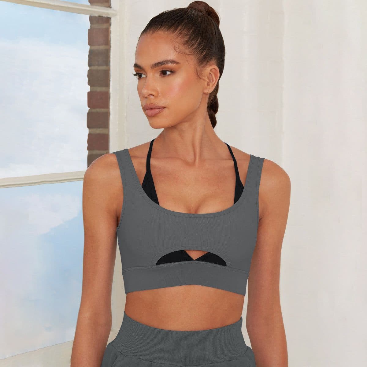 image-Isaac Fei Sports Bra - Brown Contrast Stitch L