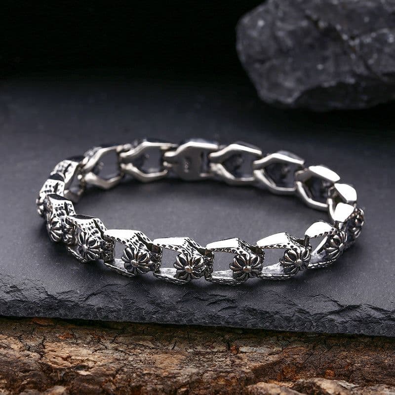 image-925 Sterling Silver Cross Flower Bracelet - Unisex Retro Style