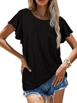 image-Women's Ruffled Sleeve T-Shirt - Sky Blue Hollow Out