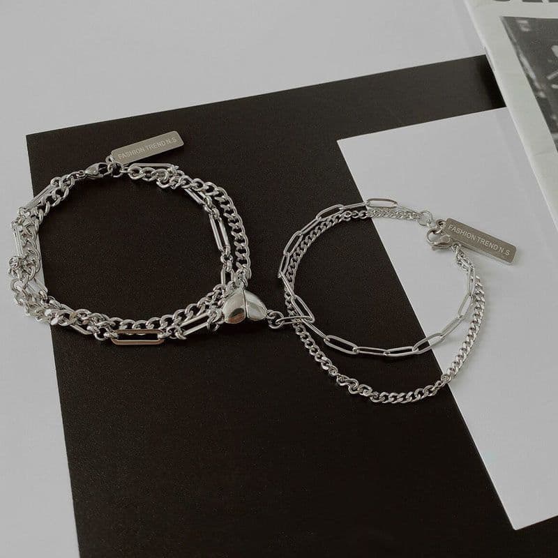 image-Titanium Steel Couple Bracelet - Heart-Shaped Love