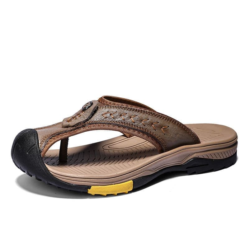 image-Men's Cowhide Flip Flops - Apricot Size 46 Casual