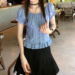 image-Women's Blue Off-Shoulder Puff Sleeve Cotton Top