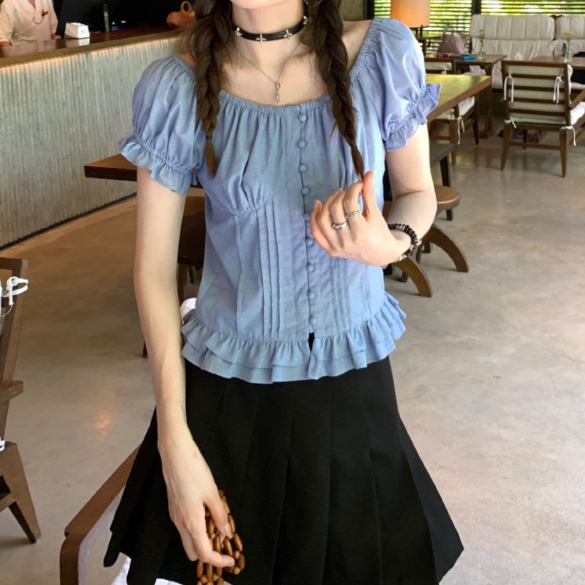 image-Women's Blue Off-Shoulder Puff Sleeve Cotton Top