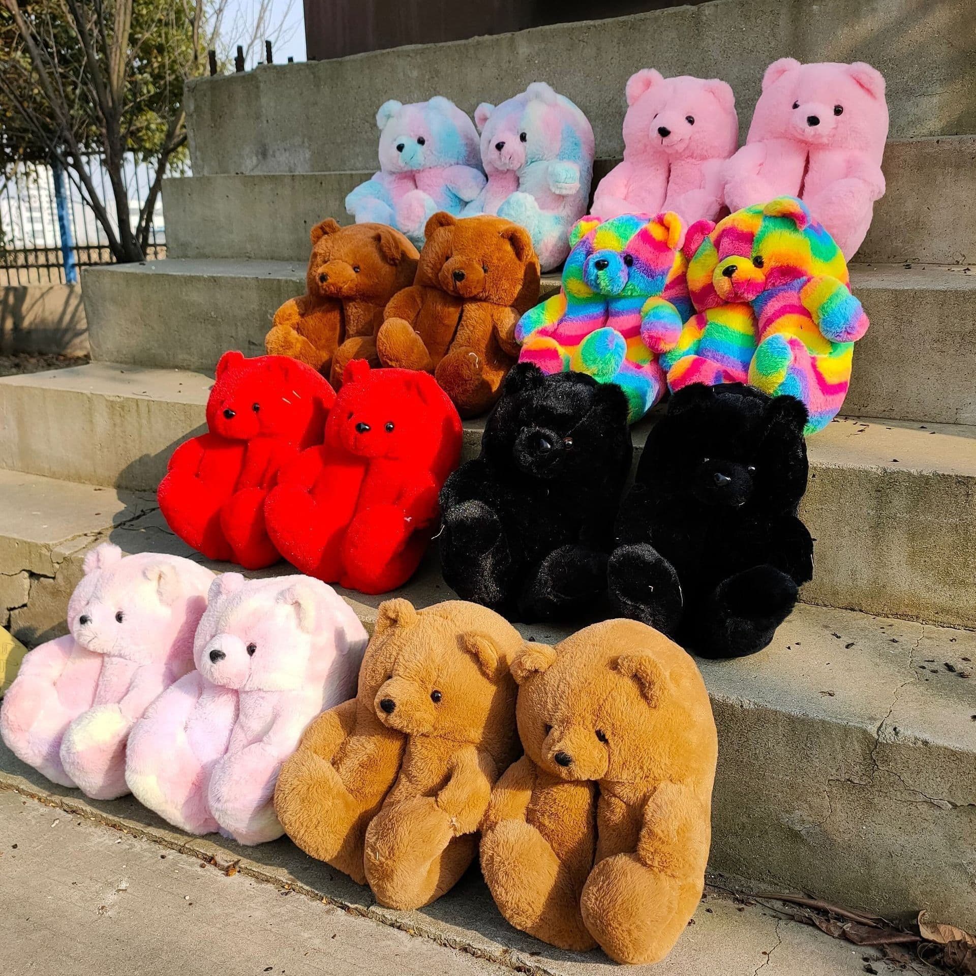 image-Cartoon Bear Plush Slippers - Large, South Korean Velvet, Dark Teddy Bear Shoes