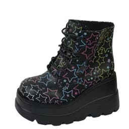 image-Women's Martin Boots - Black Skull PU Lace-Up Mid Heel