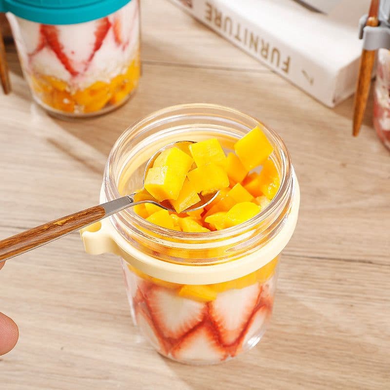 image-Oatmeal Cup Overnight Oatmeal Cup Breakfast Cup with Spoon Lid Mason Cup Glass Salad Jar Yogurt Cup