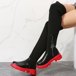 image-Women's Over-the-Knee Fly-Knit Boots - Thick Sole, Large Size, European Style