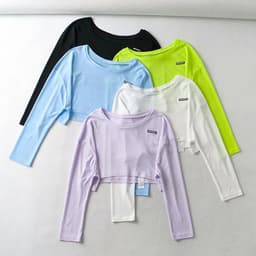image-Women's Cropped T-Shirt - Long Sleeve Round Neck Loose Fit