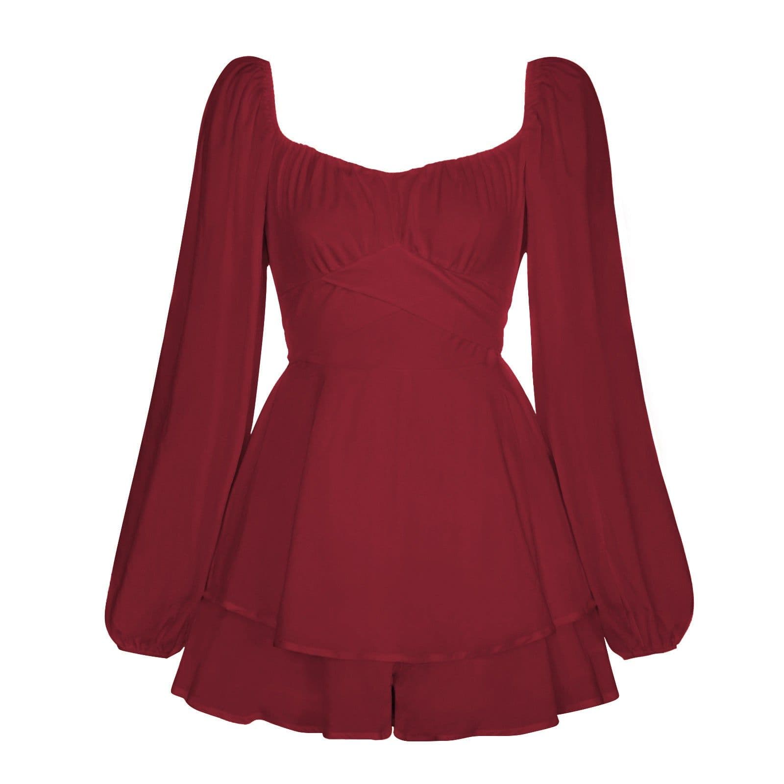 image-Women's Solid Color Long Sleeve Strappy Jumpsuit Ruffles