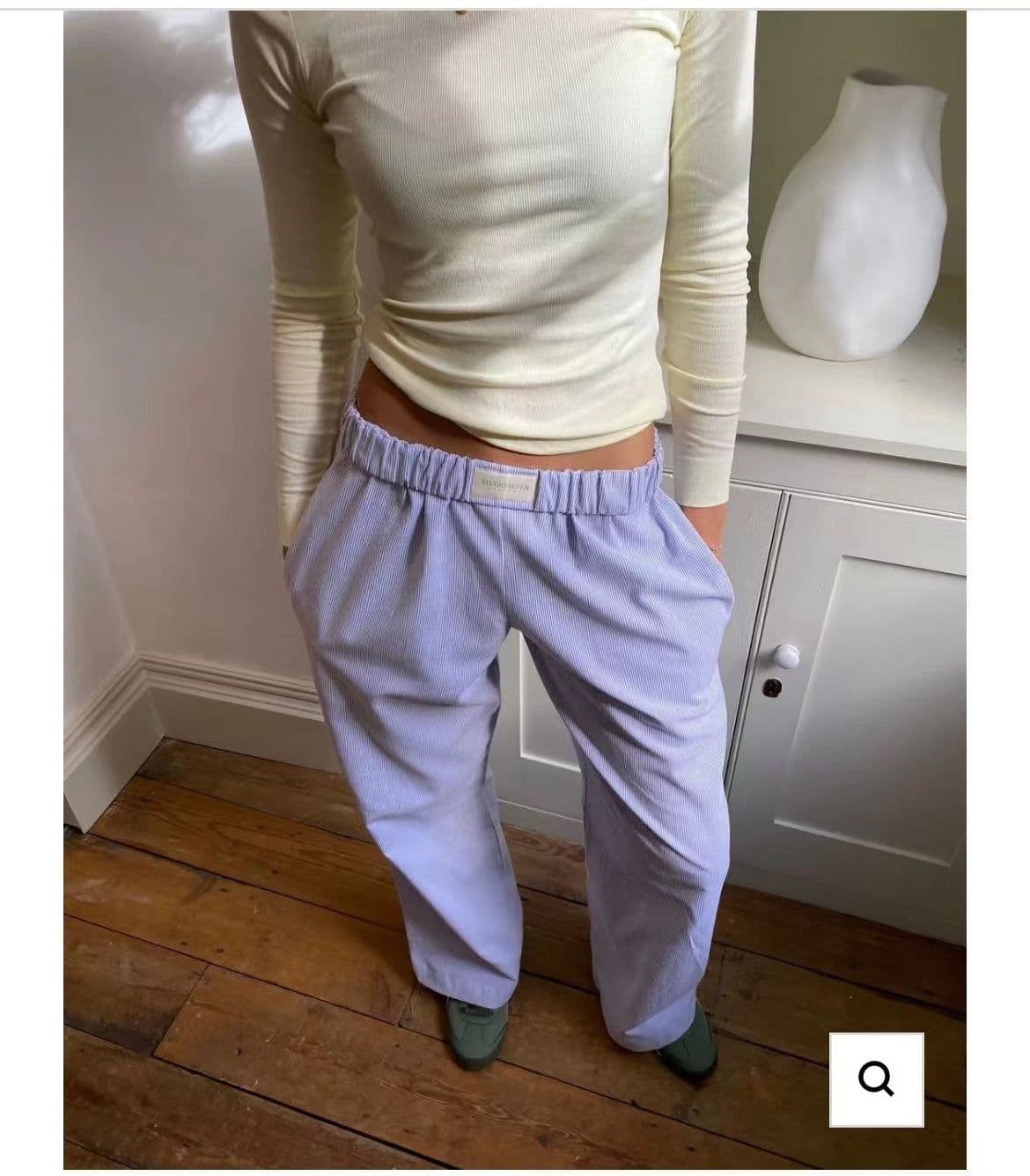 image-Women's Striped Wide-leg Trousers - Light Blue Casual