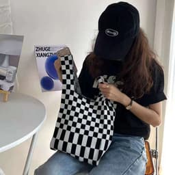 image-2021 Japan and South Korea cross-border checkerboard contrast color knitted shoulder tote bag woven tote bag shoulder underarm bag women
