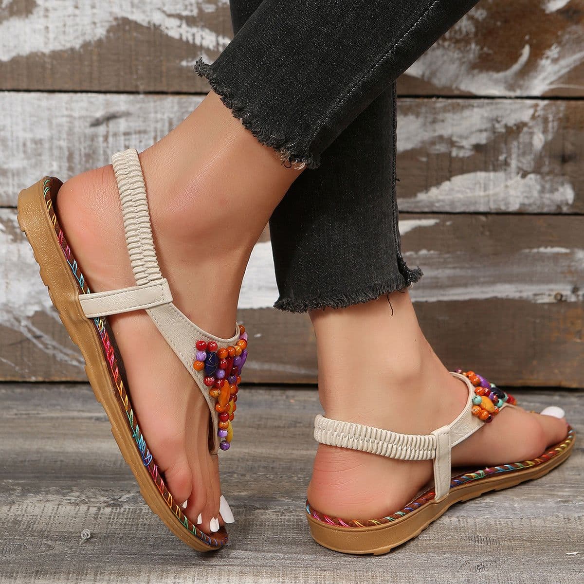 image-Women's Beaded Herringbone Sandals - Beige Size 43