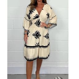 image-Women's Printed Midi Dress - Black Elastic Waist S