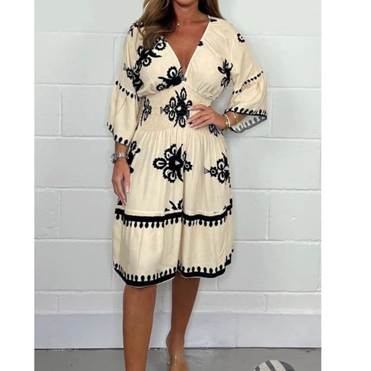image-Women's Printed Midi Dress - Black Elastic Waist S