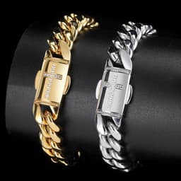 image-Stainless Steel Cuban Chain Bracelet - Gold 12mm Zircon