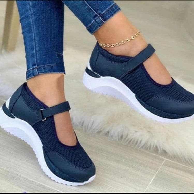image-Womens Mesh Casual Shoes Velcro Strap Round Toe Thick Sole Navy Blue Size 43