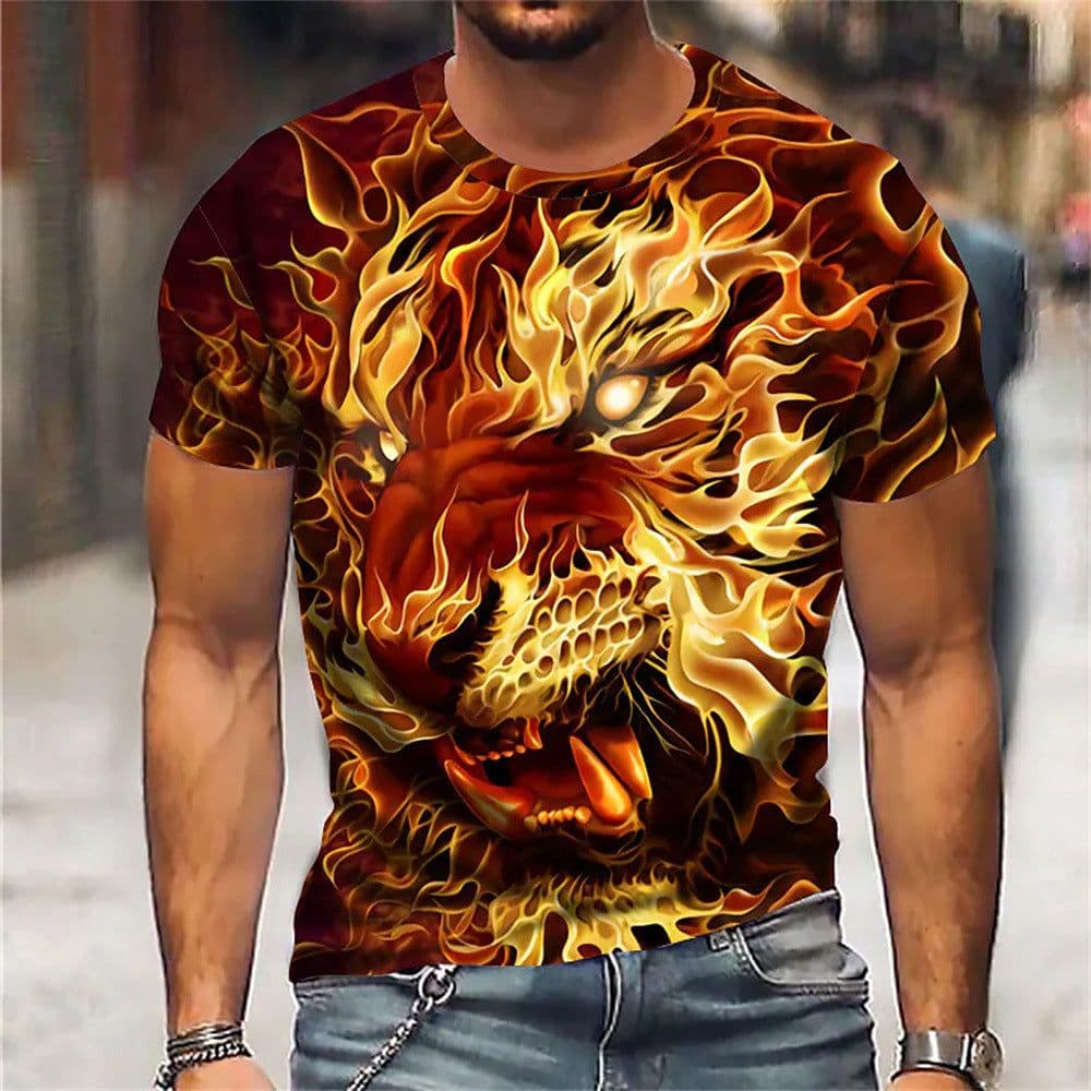 image-European & American 3D Lion Print Men's T-shirt, Short Sleeve, 6XL Comfortable
