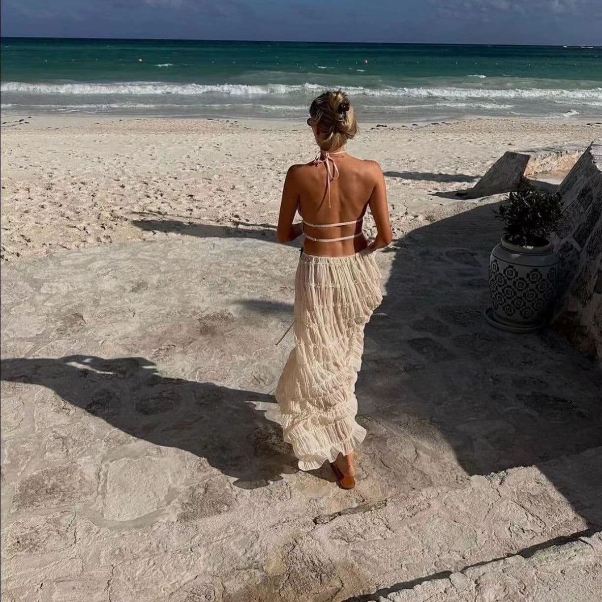 image-2024 summer new European and American cross-border sexy backless halter neck foreign trade pleated lace vest long skirt suit