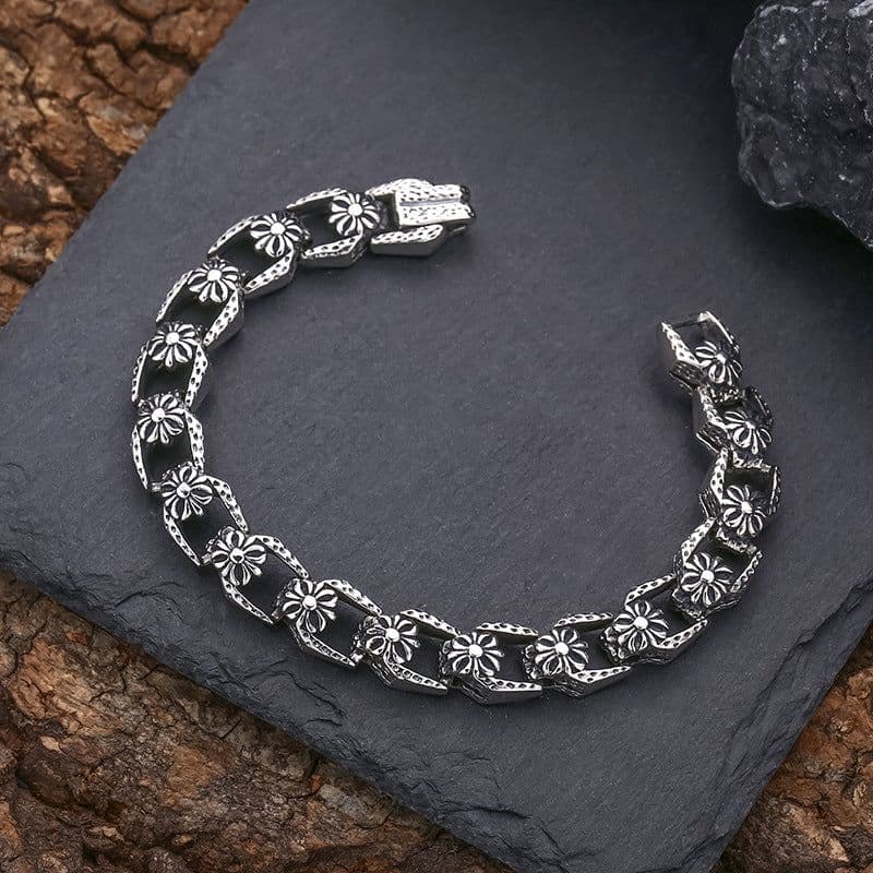 image-925 Sterling Silver Cross Flower Bracelet - Unisex Retro Style