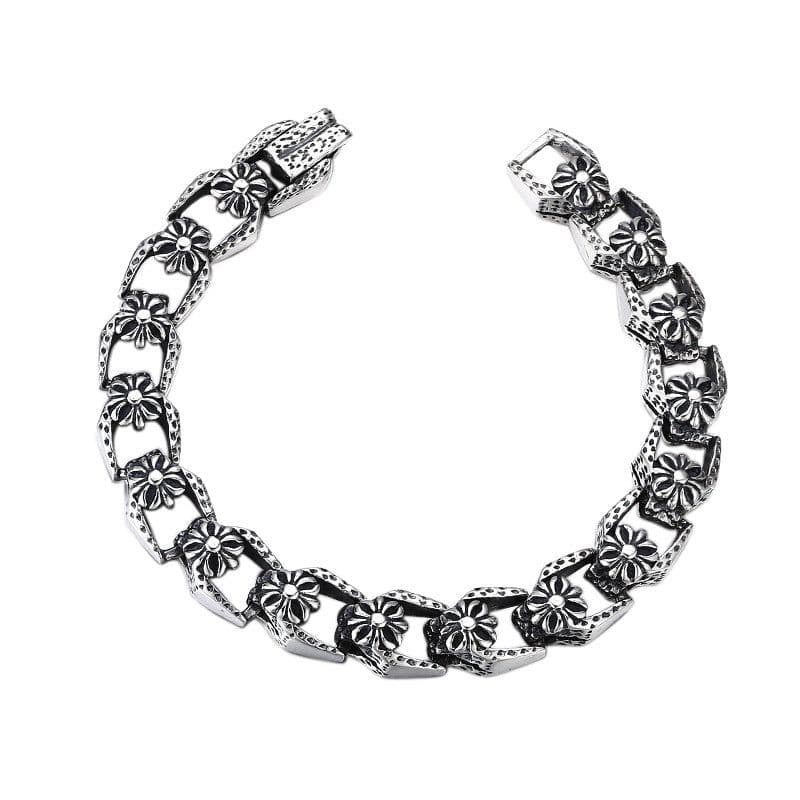 image-925 Sterling Silver Cross Flower Bracelet - Unisex Retro Style