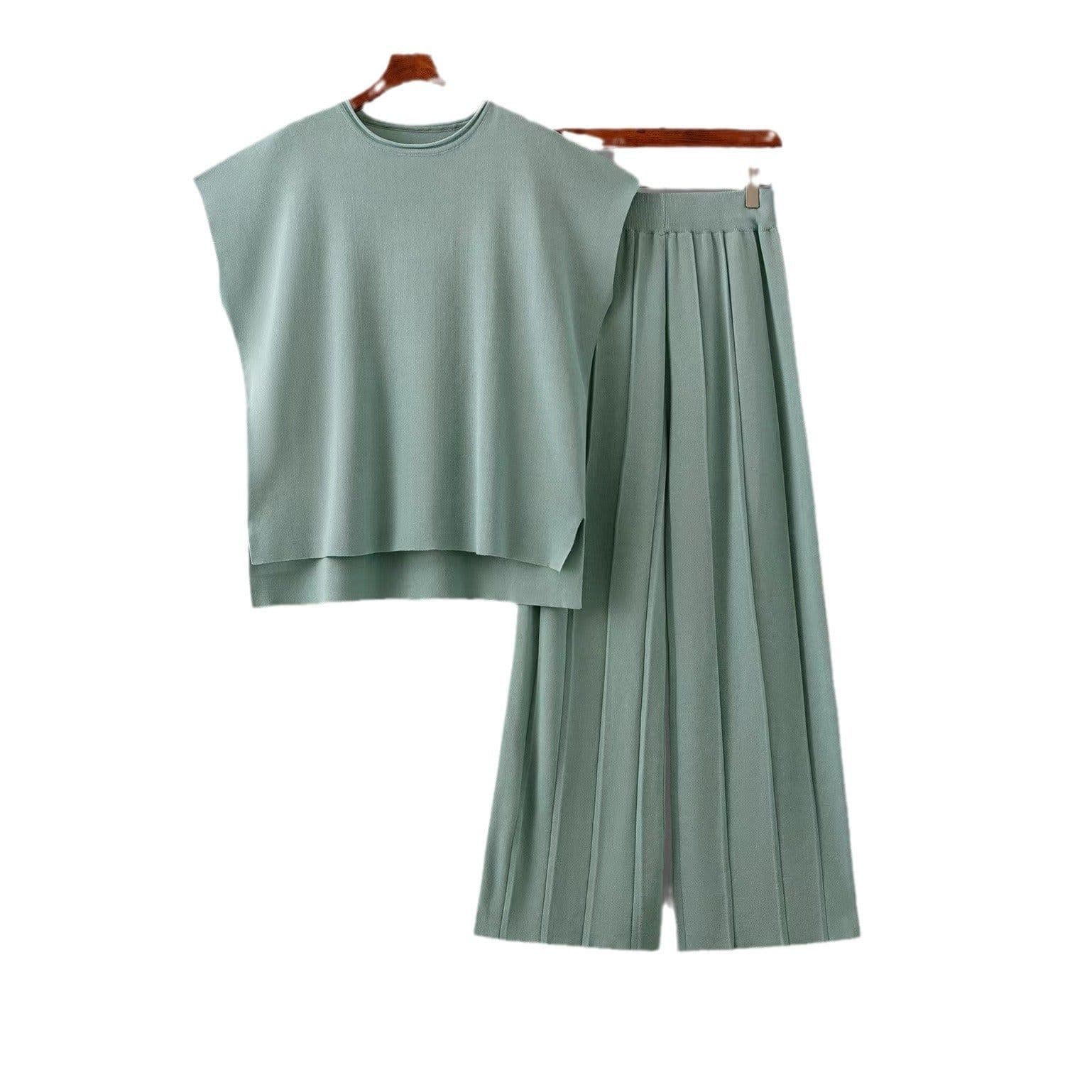 image-Korean Chic Sleeveless Sweater & Pants Suit - Green, One Size Fits All
