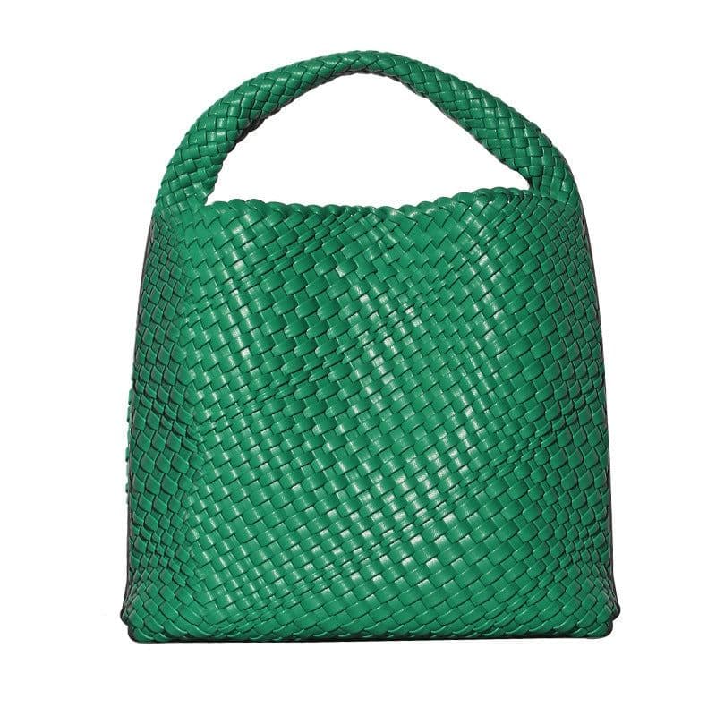 image-Woven Bucket Bag - Black Vegan Leather Large