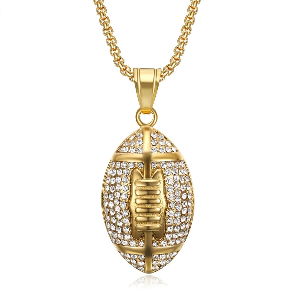 image-Hip Hop Titanium Steel Football Pendant Necklace - Gold Plated