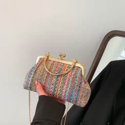 image-Blue Coochie Straw Handbag - Green Square Chain