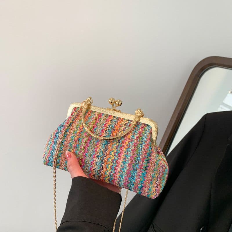image-Blue Coochie Straw Handbag - Green Square Chain