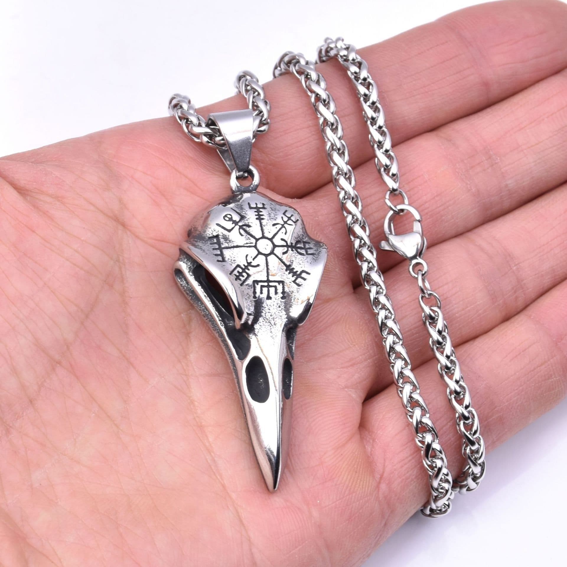 image-Cross-border exclusively for Nordic Viking men stainless steel crow skull compass rune pendant necklace jewelry wholesale