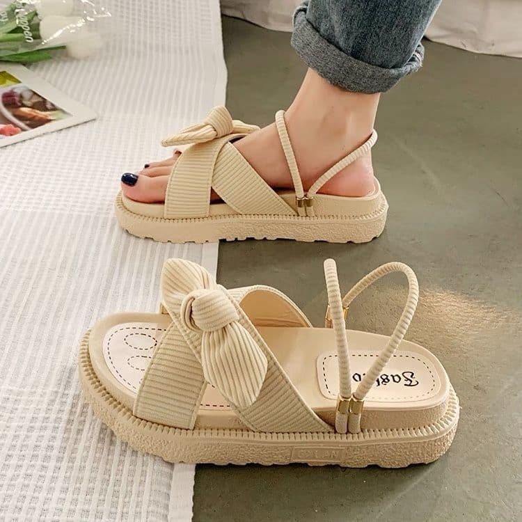 image-Roman Sandals - Beige Flat Bow Tie Summer