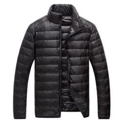 image-Men's Down Jacket - Light Grey Stand Collar Hooded