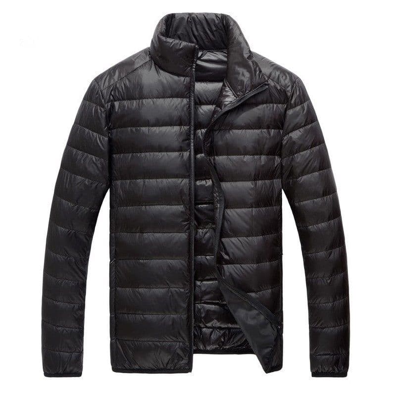 image-Men's Down Jacket - Light Grey Stand Collar Hooded
