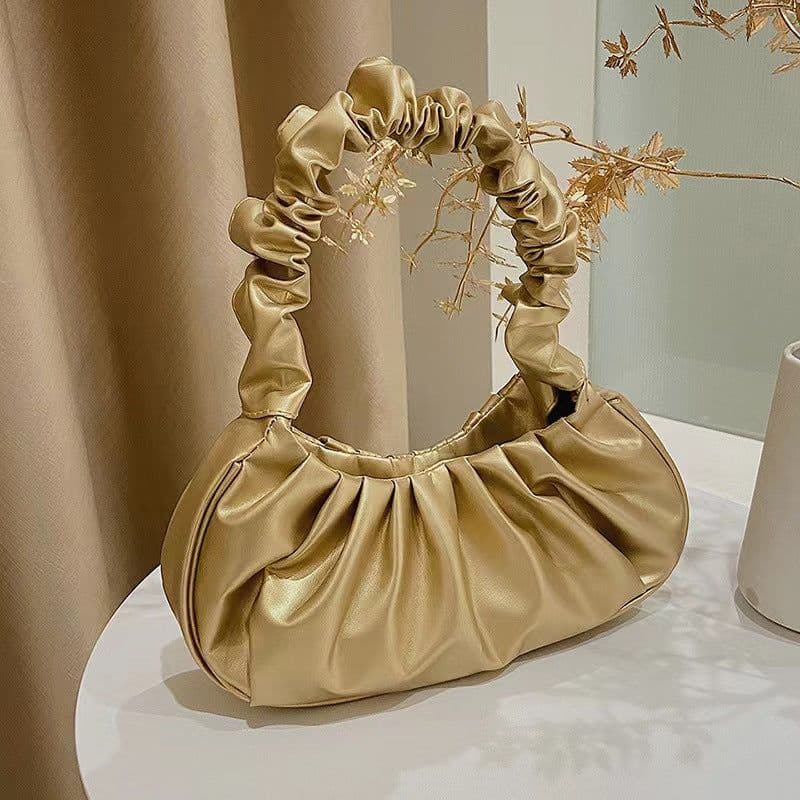 image-Korean Version Women's PU Cloud Pleated Bag - Gold Solid Color