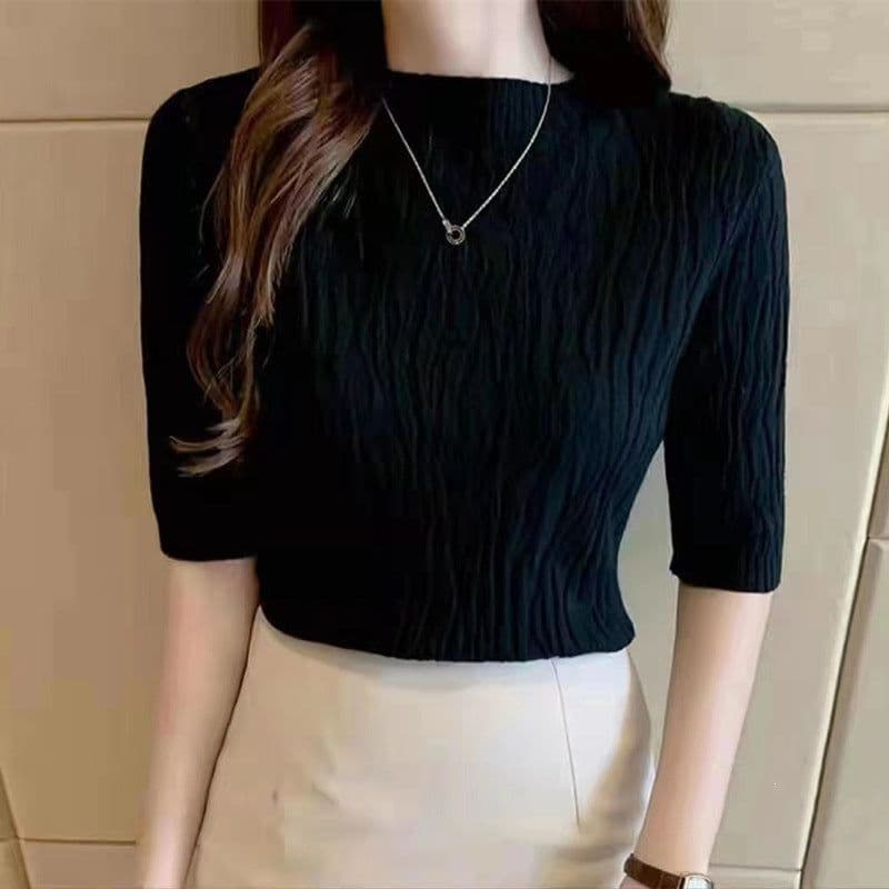 image-Women's 2023 Summer Slim Short Top Blue Cotton Shirt