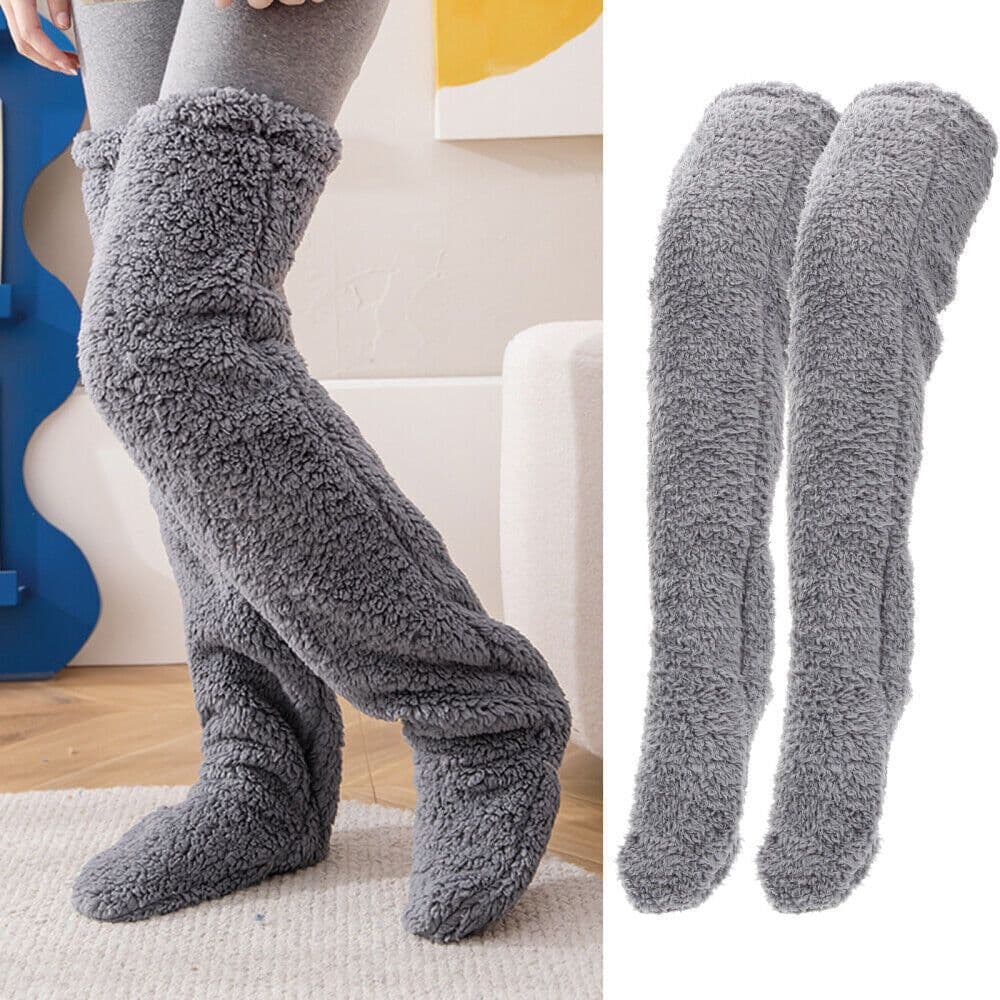 image-Women's Teddy Bear Floor Socks - Light Grey Knee High