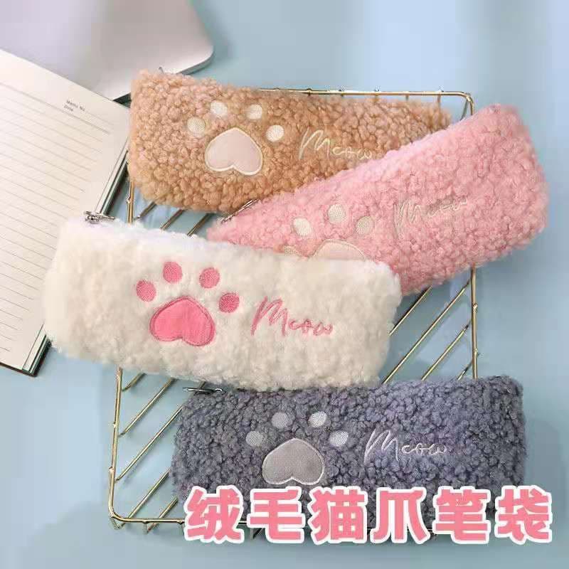 image-Aquarius cute girl heart cat claw pencil case lamb hair ins cute stationery bag start school large capacity storage pencil case