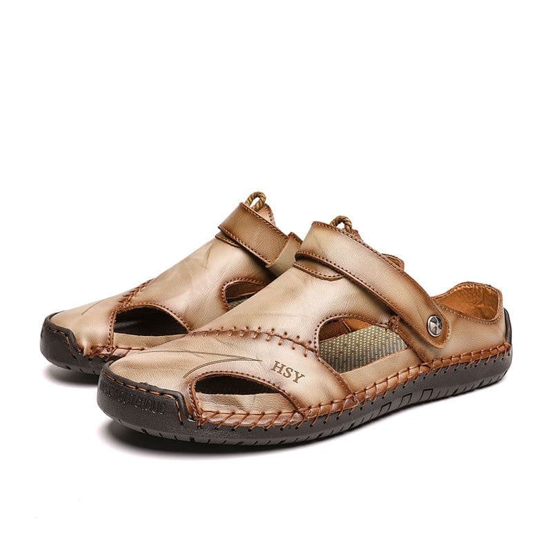 image-Men's Sandals - Large Size, Breathable, Yellow Brown Leather, Outdoor Hiking
