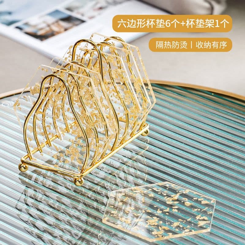 image-Luxury Gold Foil Acrylic Coaster Set - Heat Resistant Nordic Pad