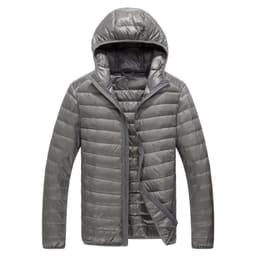 image-Men's Down Jacket - Light Grey Stand Collar Hooded